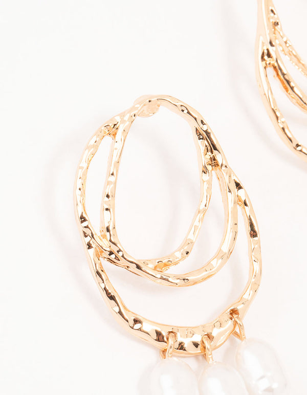 Gold Textured Oval Pearl Drop Earrings