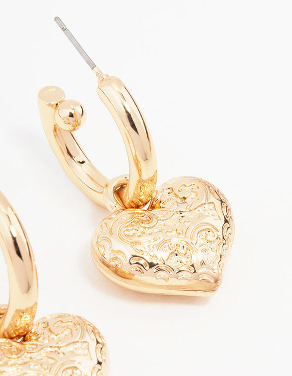 Gold Heart Drop Hoop Earrings