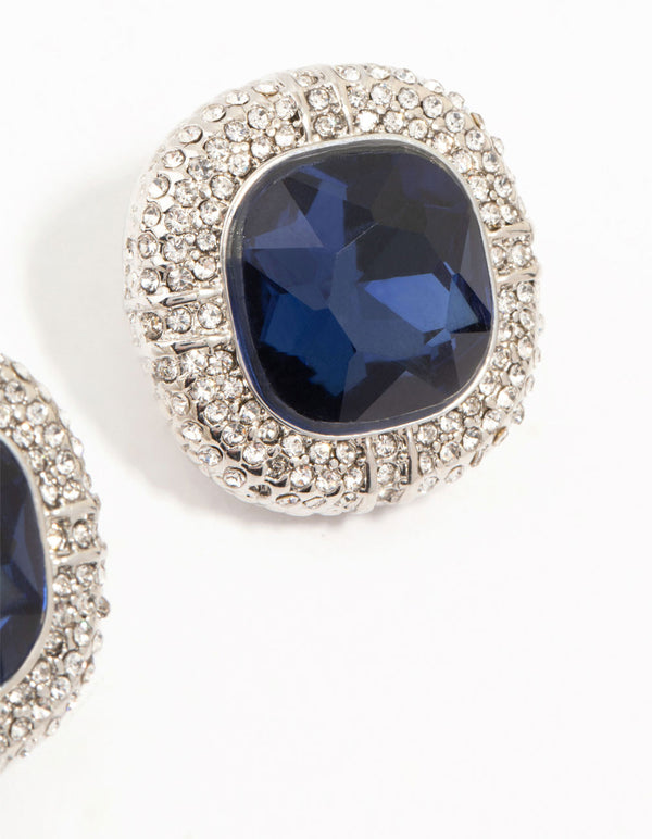 Silver Large Blue Diamante Stud Earrings