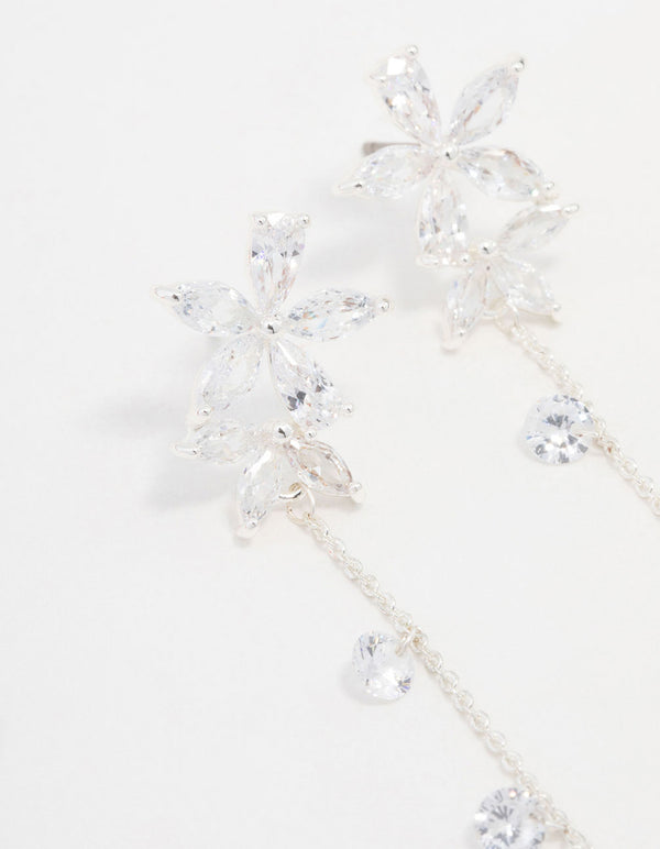 Silver Plated Cubic Zirconia Flower Station Drop Earrings