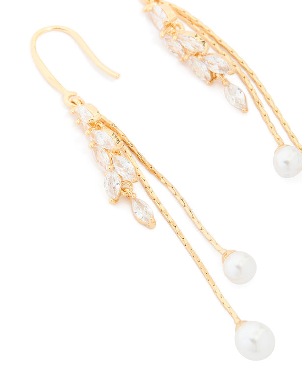 Gold Plated Cubic Zirconia Pearl Leaf Drop Hook Earrings
