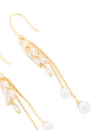 Gold Plated Cubic Zirconia Pearl Leaf Drop Hook Earrings - link has visual effect only