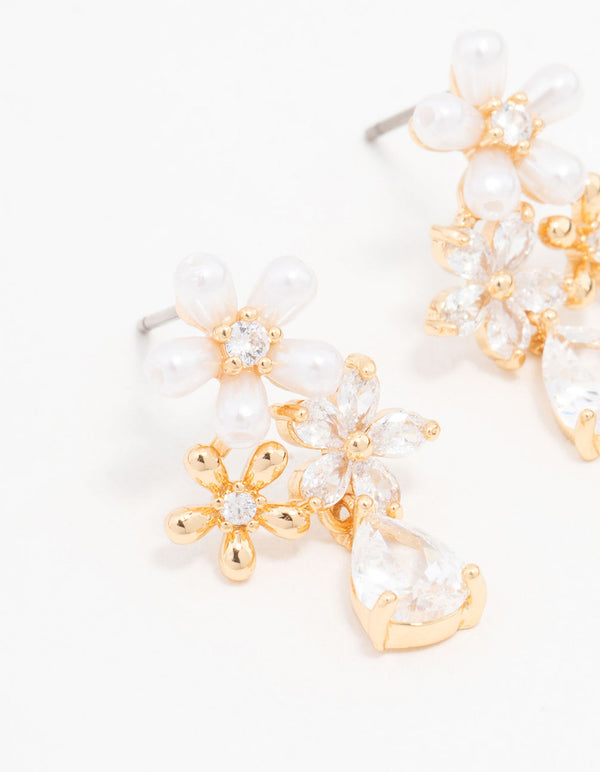 Gold Plated Trio Flower Pear Drop Earrings