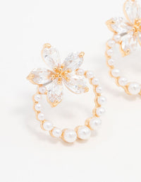 Real Gold Plated Pearl Wreath Cubic Zirconia Flower Earrings - link has visual effect only