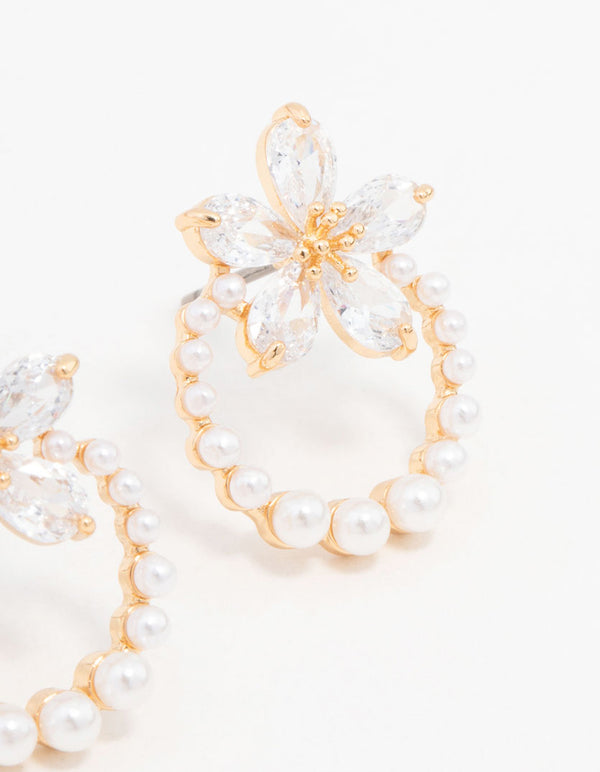 Real Gold Plated Pearl Wreath Cubic Zirconia Flower Earrings