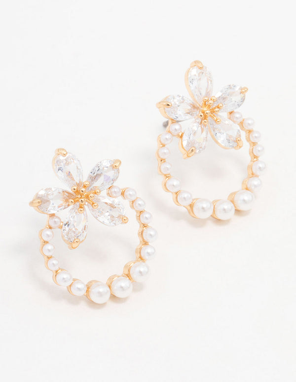 Real Gold Plated Pearl Wreath Cubic Zirconia Flower Earrings