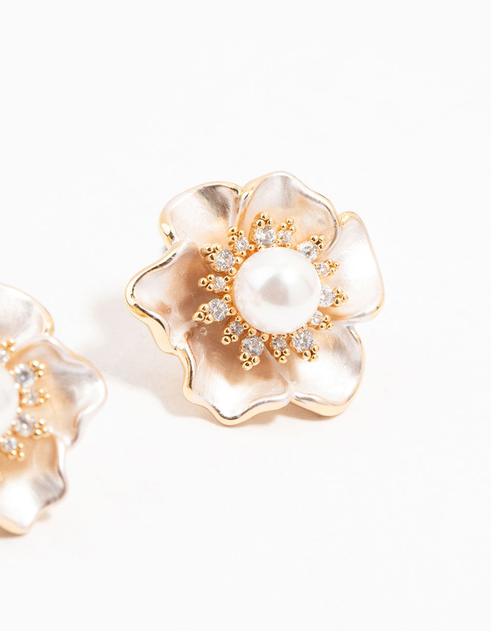 Real Gold Plated Cubic Zirconia Pearlised Pearl Peony Earrings