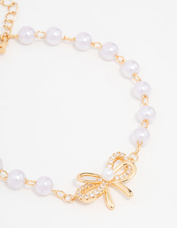Gold Plated Station Pearl Double Bracelet