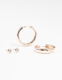 Rose Gold Plated Cubic Zirconia Stud & Large Hoop Earrings 2-Pack - link has visual effect only