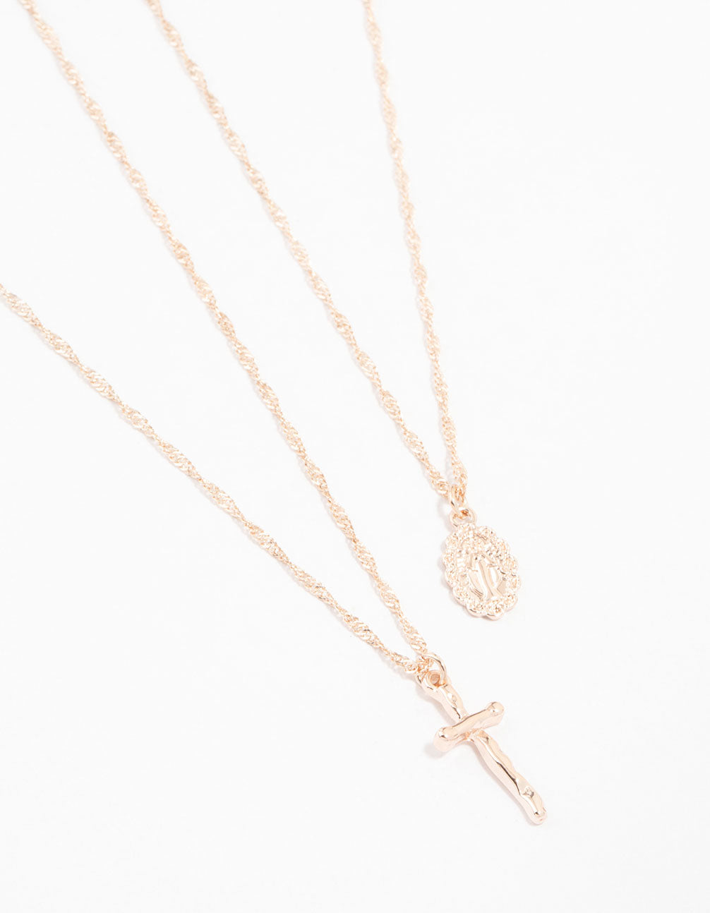 Rose Gold Plated Mary Hammered Cross Necklaces 2-Pack