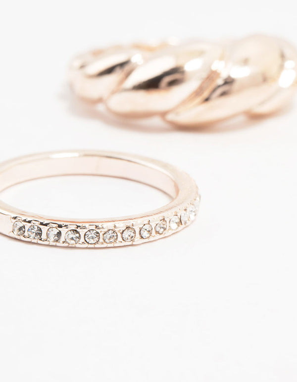 Rose Gold Plated Diamante Twisted Rings 3-Pack