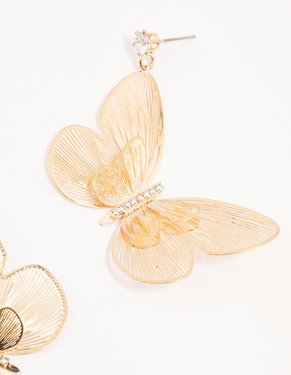 Gold Lazercut Butterfly Drop Earrings