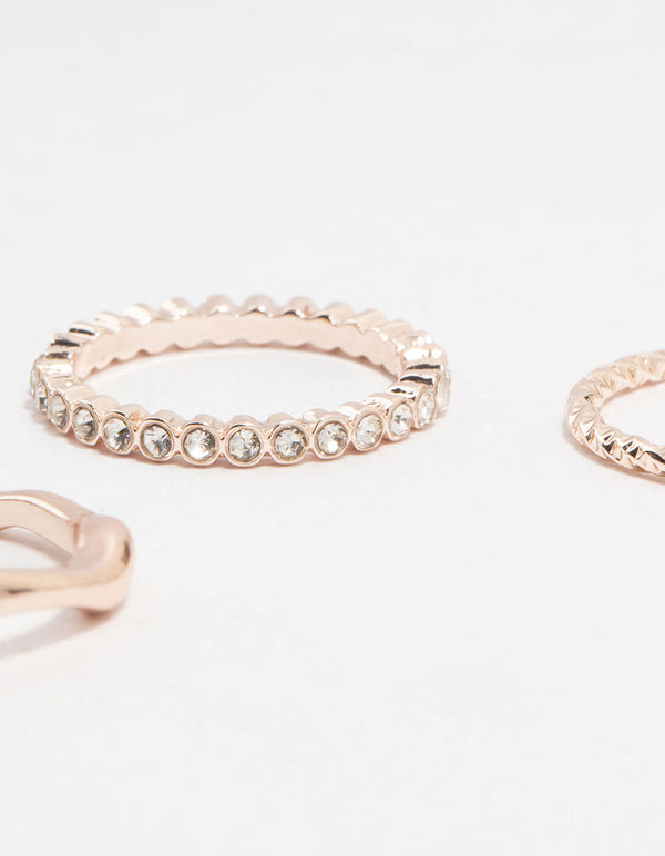 Rose Gold Plated Molten & Diamante Rings 6-Pack