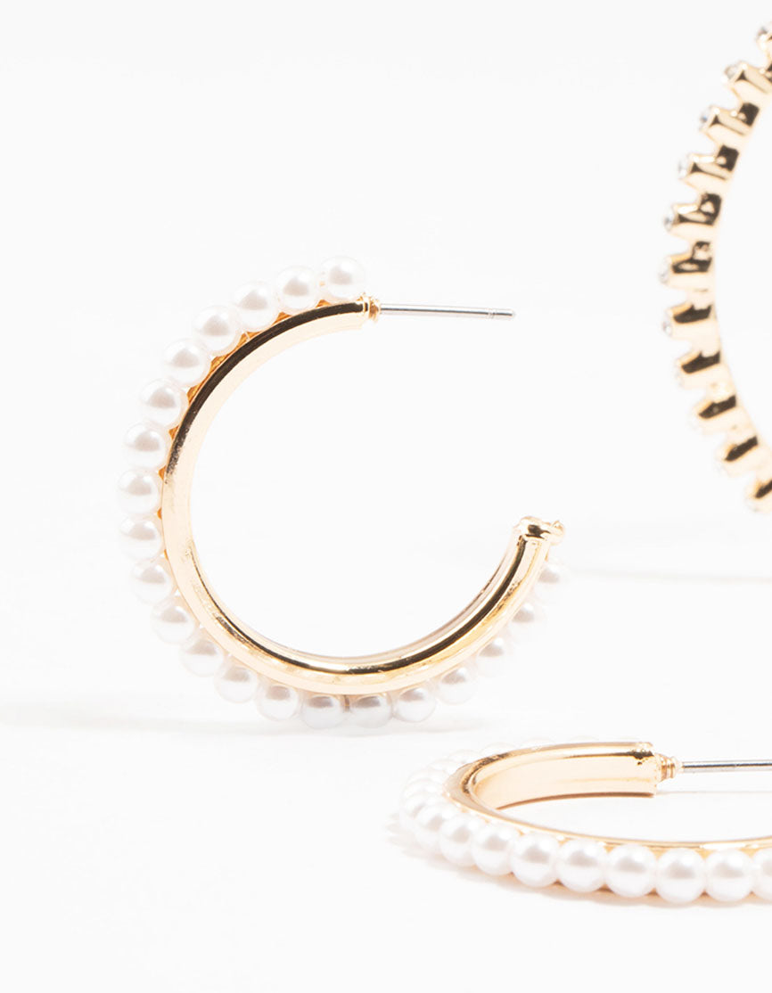 Gold Mixed Diamante & Pearl Hoop Earrings 3-Pack