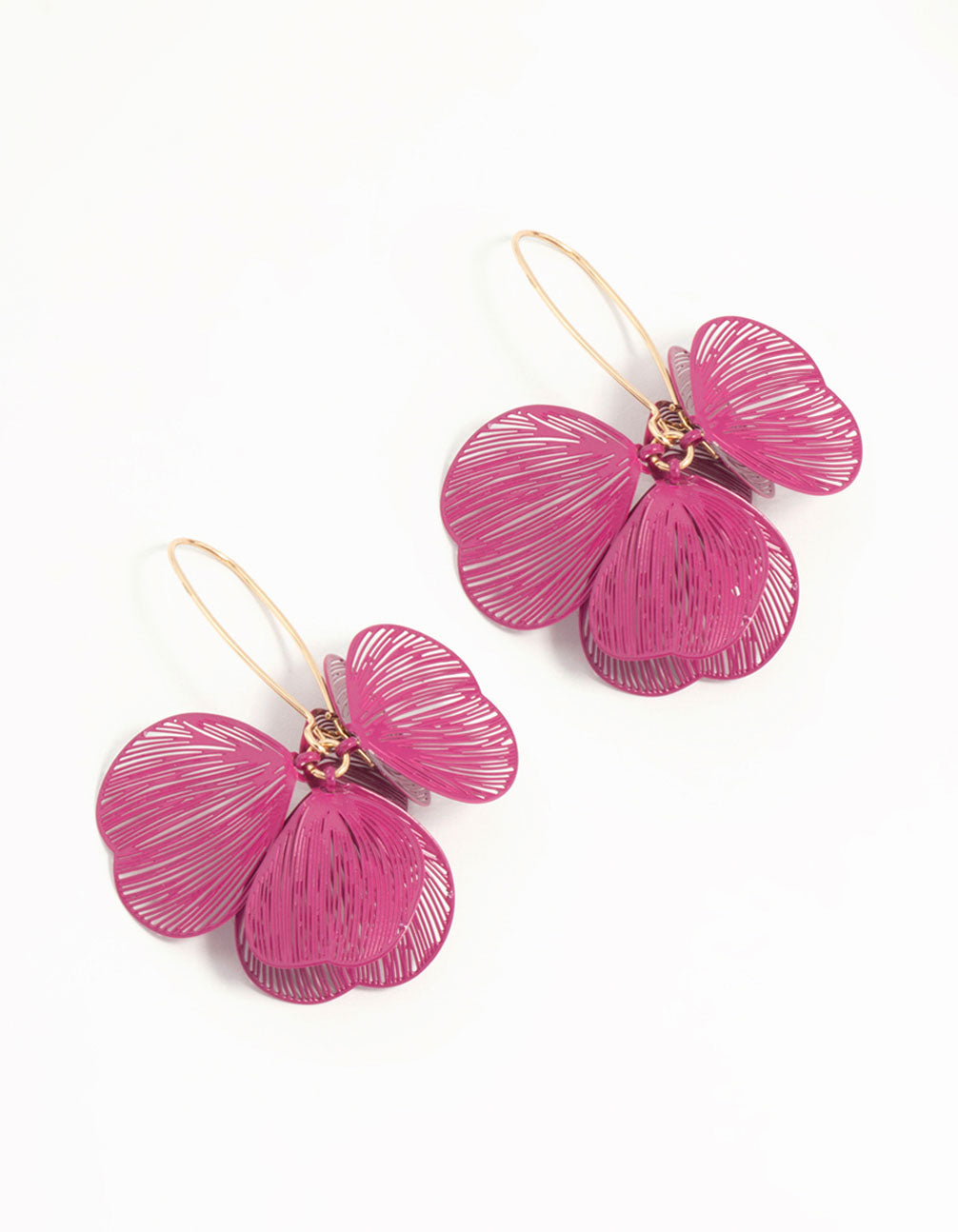Pink Coated Metal Lasercut Petal Drop Earrings