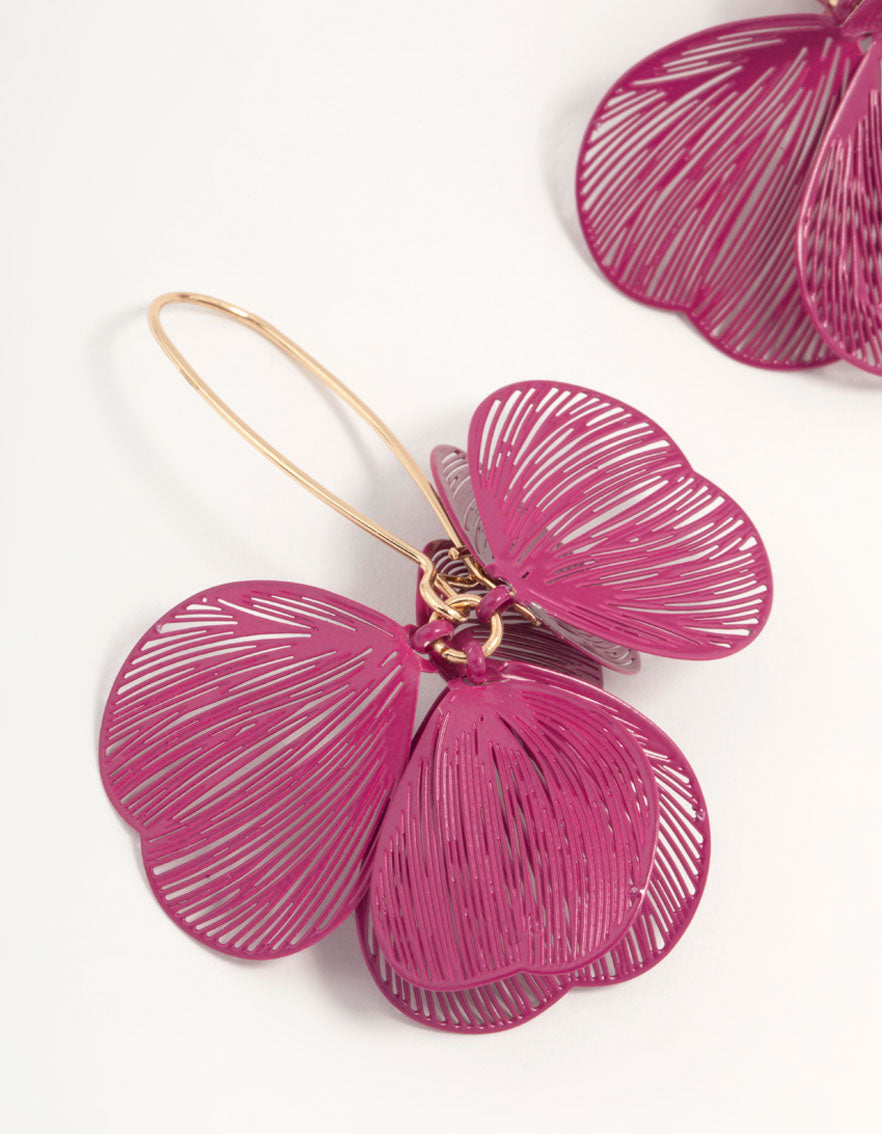 Pink Coated Metal Lasercut Petal Drop Earrings