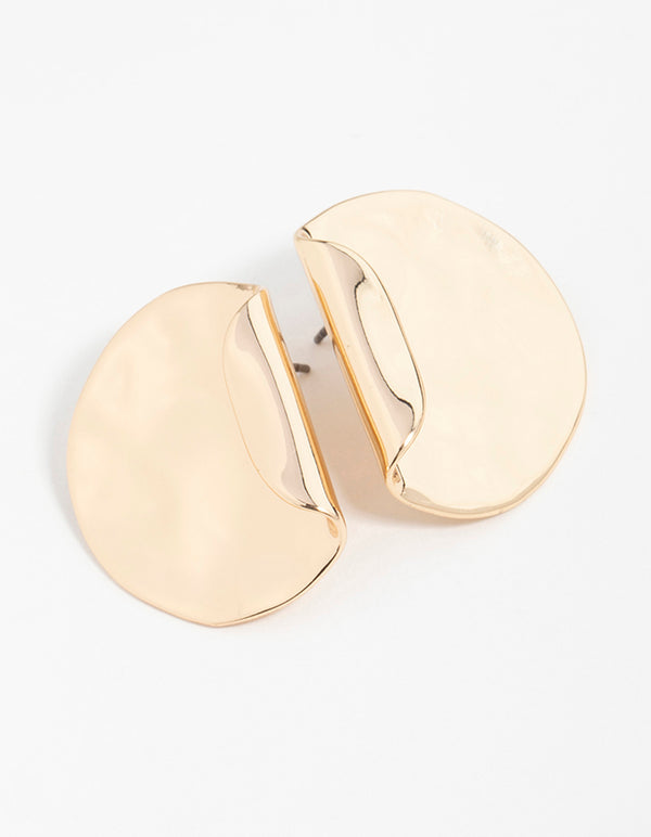 Gold Folded Molten Disc Stud Earrings