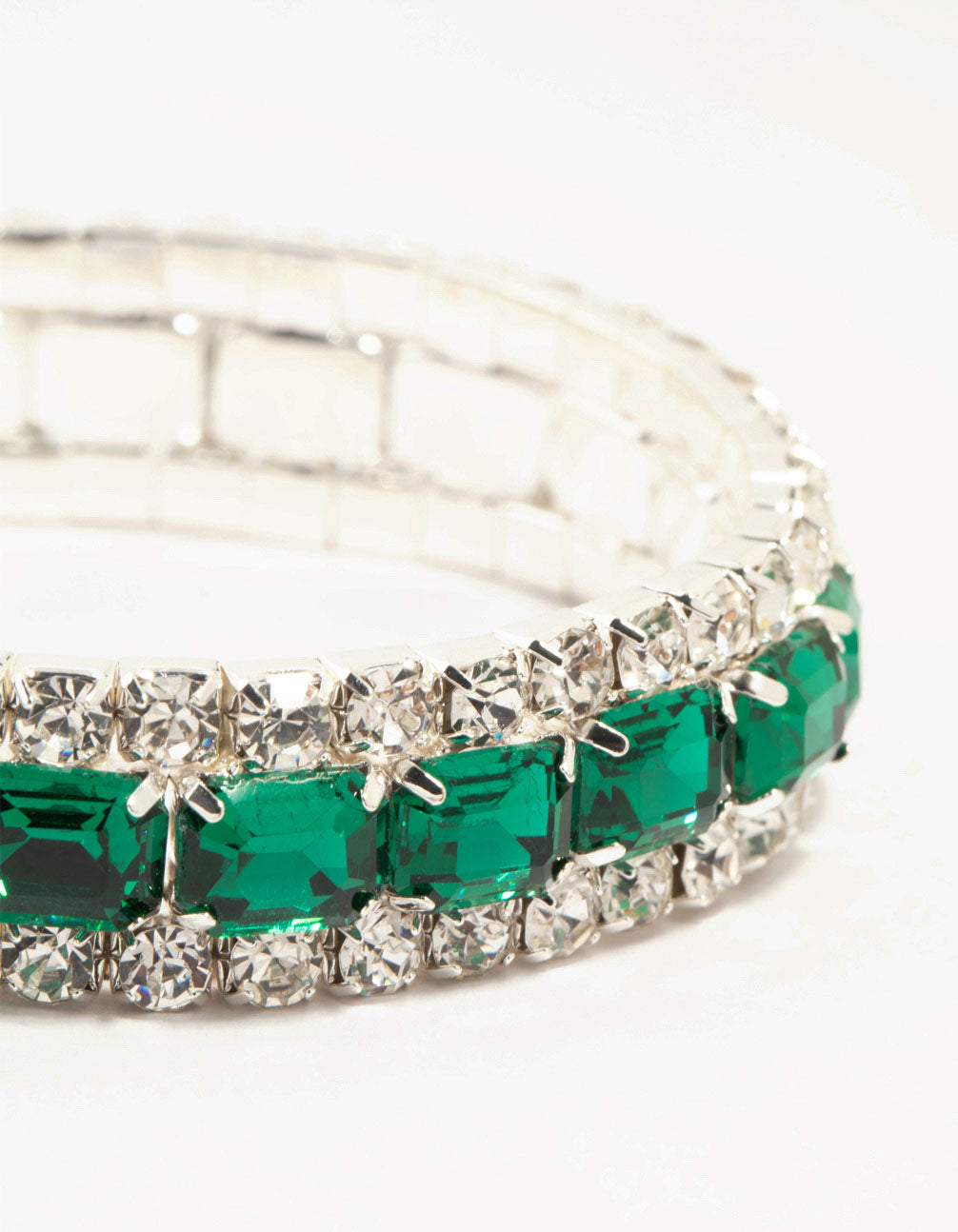 Silver & Green Diamante Cup Chain Stretch Bracelet