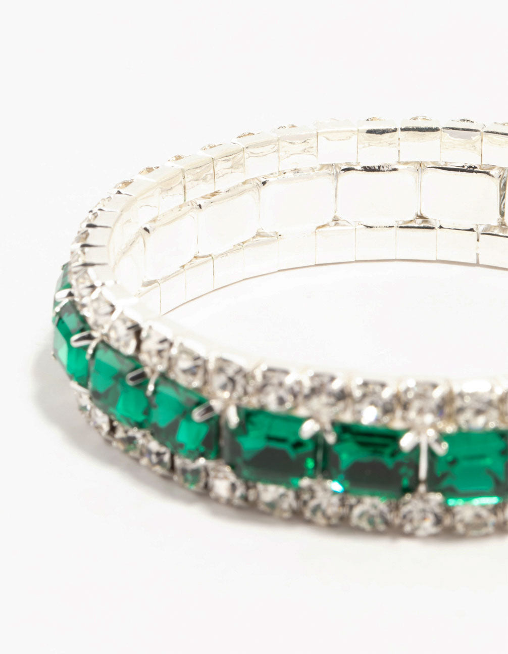 Silver & Green Diamante Cup Chain Stretch Bracelet
