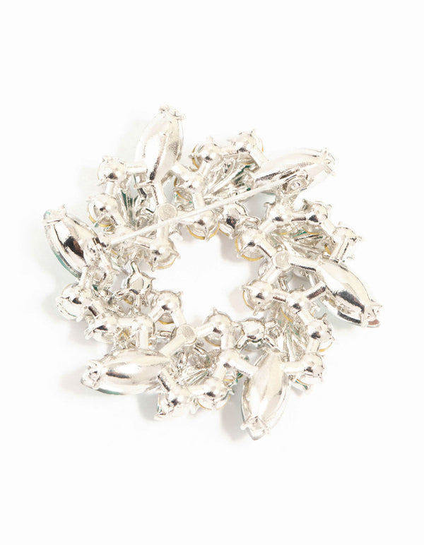 Silver & Green Diamante Wreath Brooch