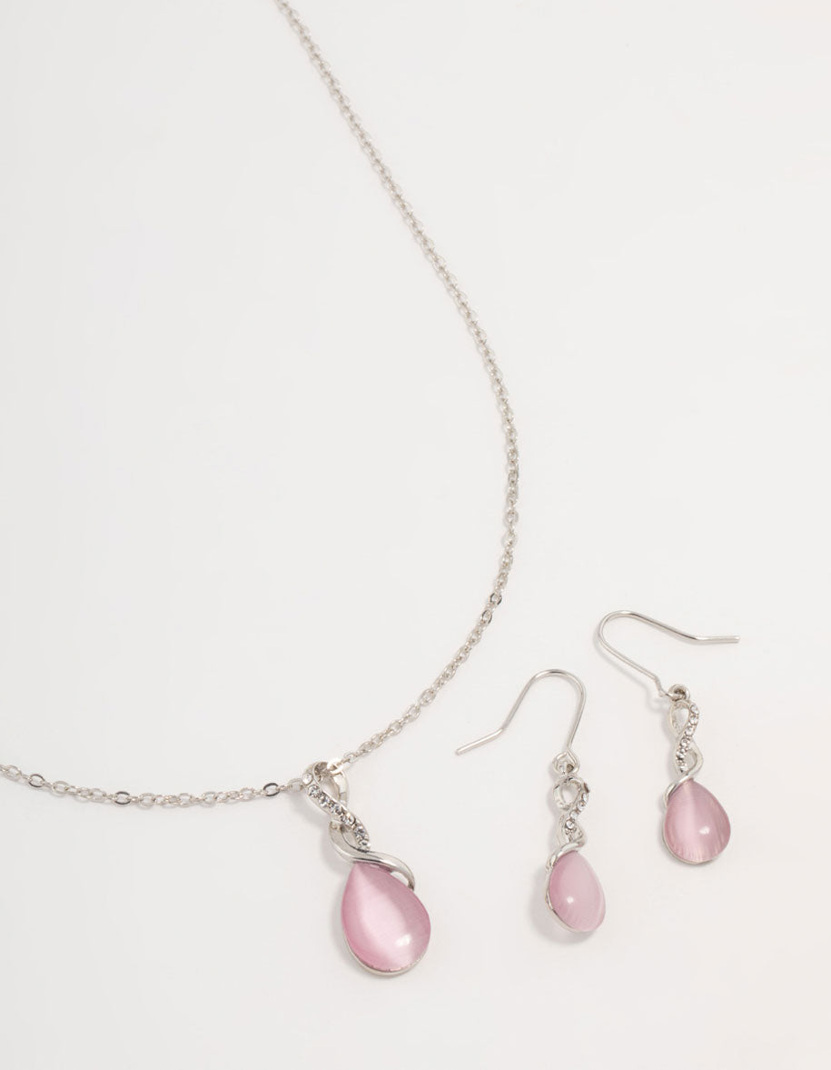 Silver Cat Eye Twisted Necklaces & Stud Earrings Set
