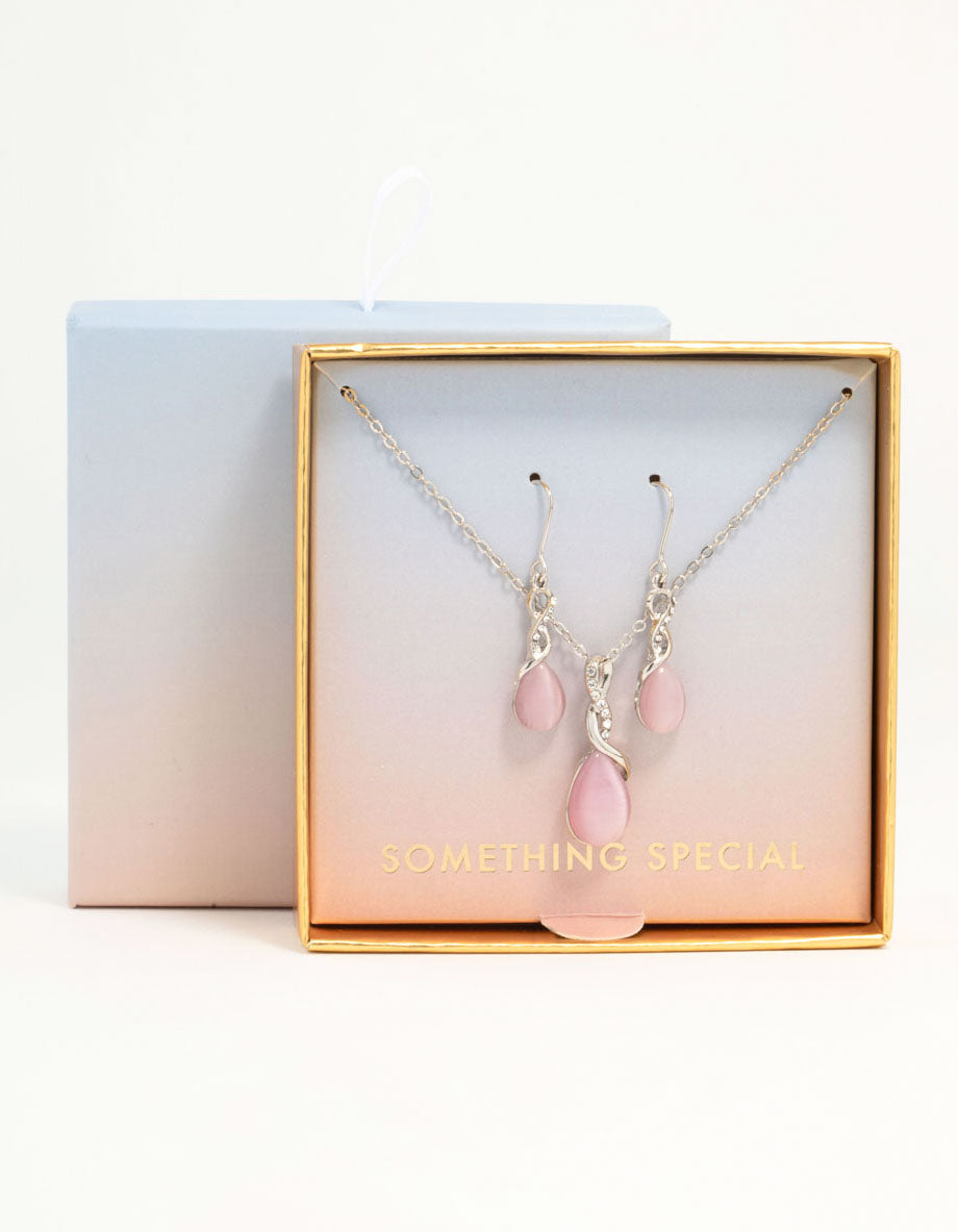 Silver Cat Eye Twisted Necklaces & Stud Earrings Set