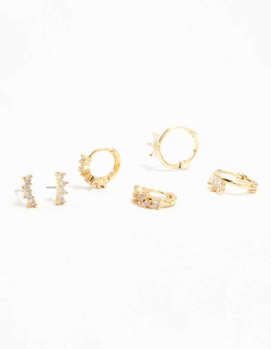 Gold Plated Brass Cubic Zirconia Leaf Hoop & Crawler Earrings 3-Pack