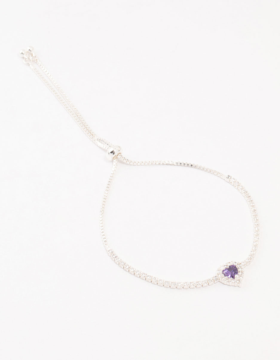 Silver Pave Purple Cubic Zirconia Halo Heart Toggle Bracelet