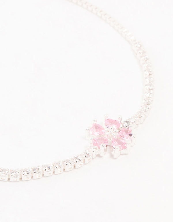 Silver Pink Cubic Zirconia Flower Tennis Bracelet