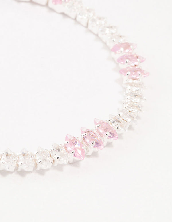 Silver Alternating Clear & Pink Marquise Cluster Cubic Zirconia Bracelet