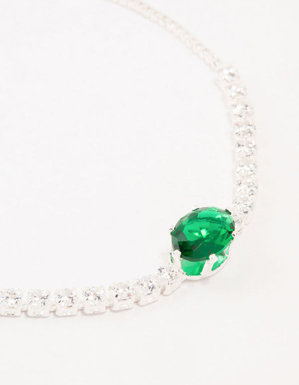 Silver Oval Green Cubic Zirconia Toggle Bracelet