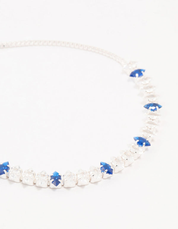 Silver Alternating Cluster Marquise Blue Cubic Zirconia Toggle Bracelet