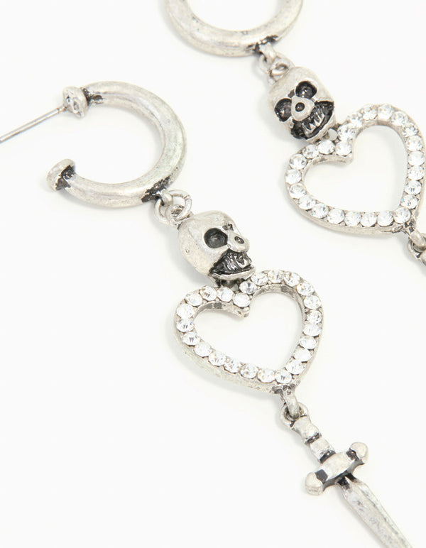 Antique Silver Heart & Skull Dagger Drop Earrings