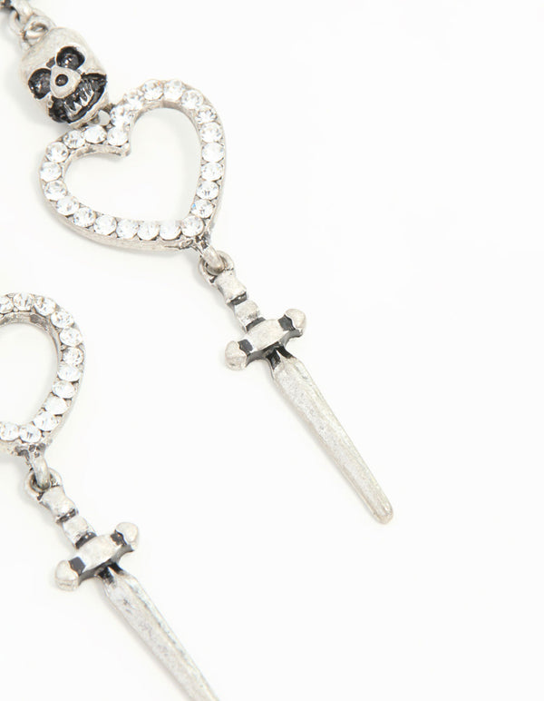 Antique Silver Heart & Skull Dagger Drop Earrings