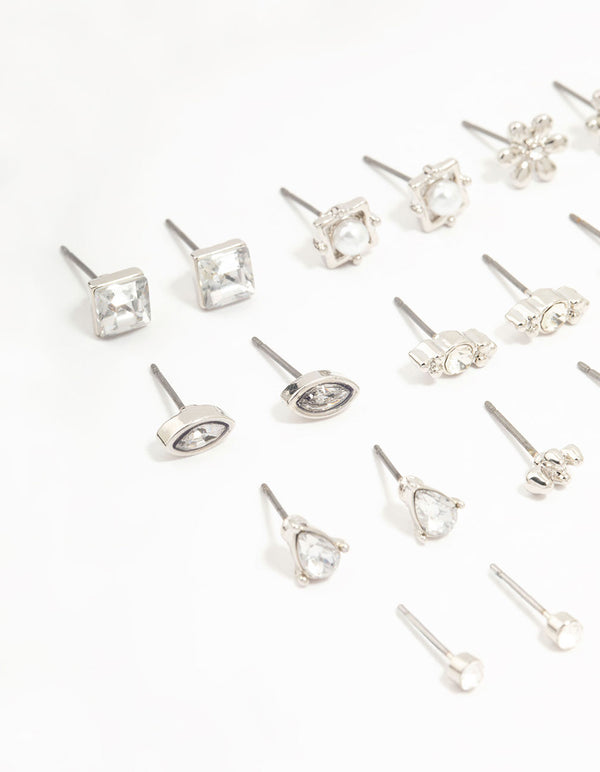 Silver Diamante Stud Earrings 12-Pack