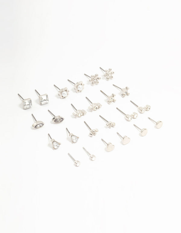 Silver Diamante Stud Earrings 12-Pack