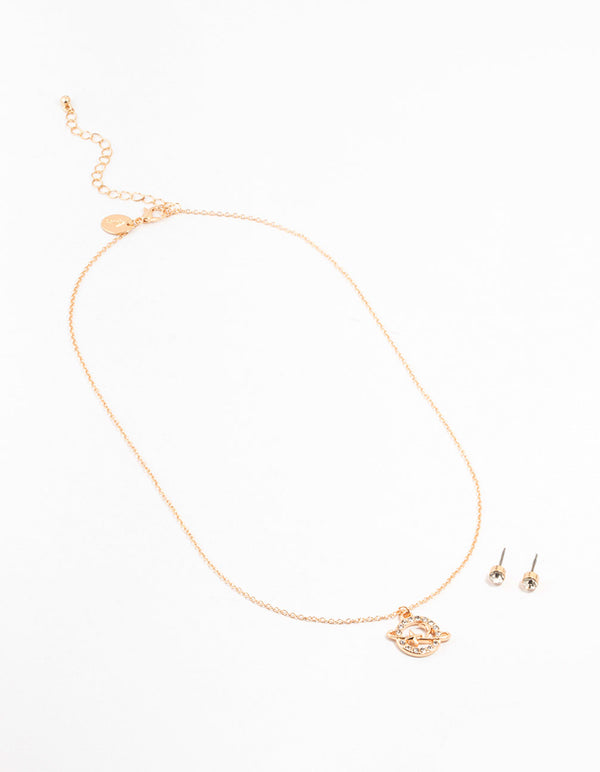 Gold Diamante Planet Necklace & Stud Earrings Set