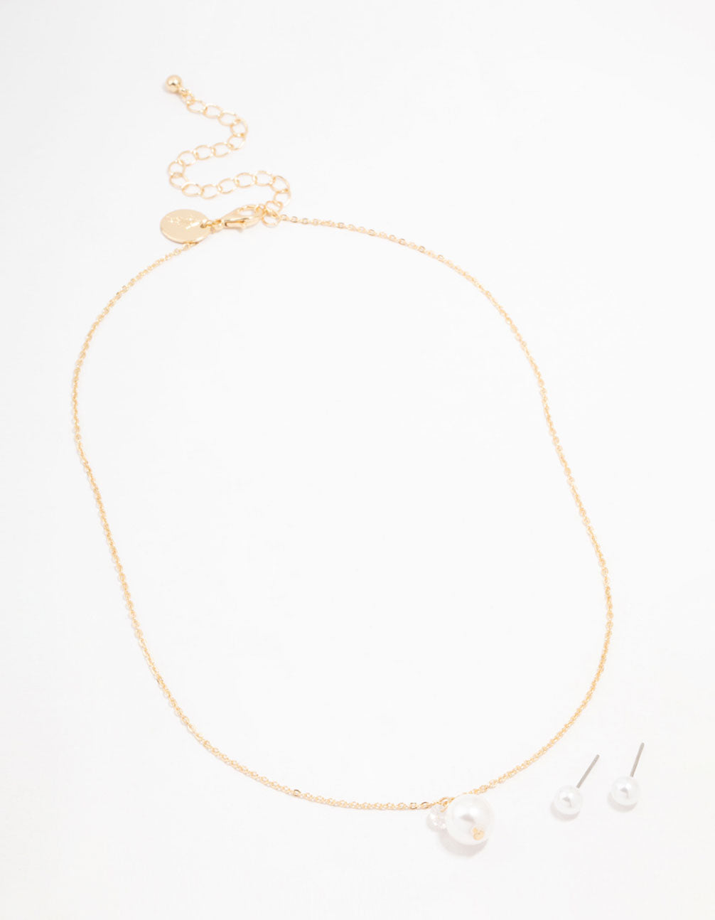 Gold Pearl Diamante Necklace & Stud Earrings Set