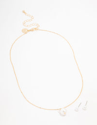 Gold Pearl Diamante Necklace & Stud Earrings Set - link has visual effect only