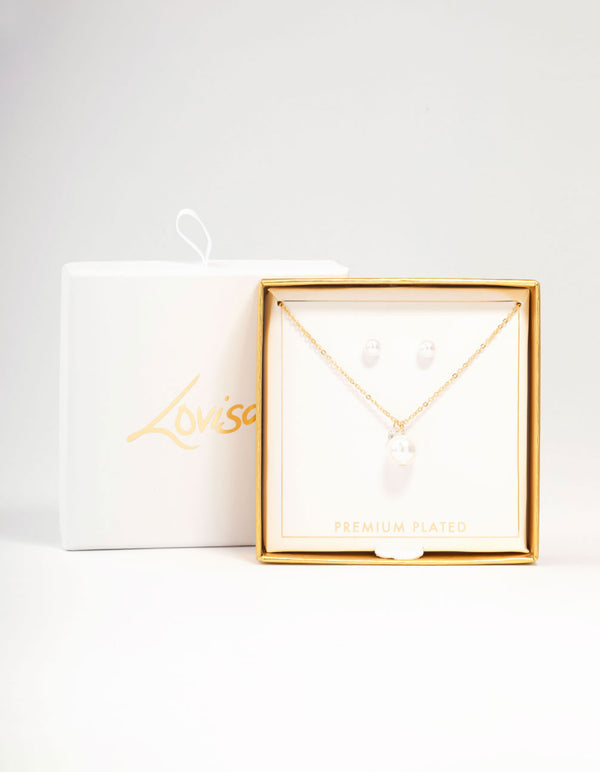 Gold Pearl Diamante Necklace & Stud Earrings Set