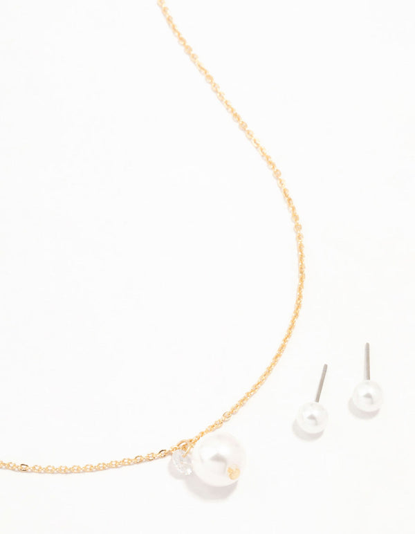 Gold Pearl Diamante Necklace & Stud Earrings Set
