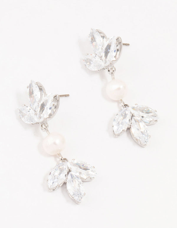 Silver Floral Cubic Zirconia & Pearl Drop Earrings