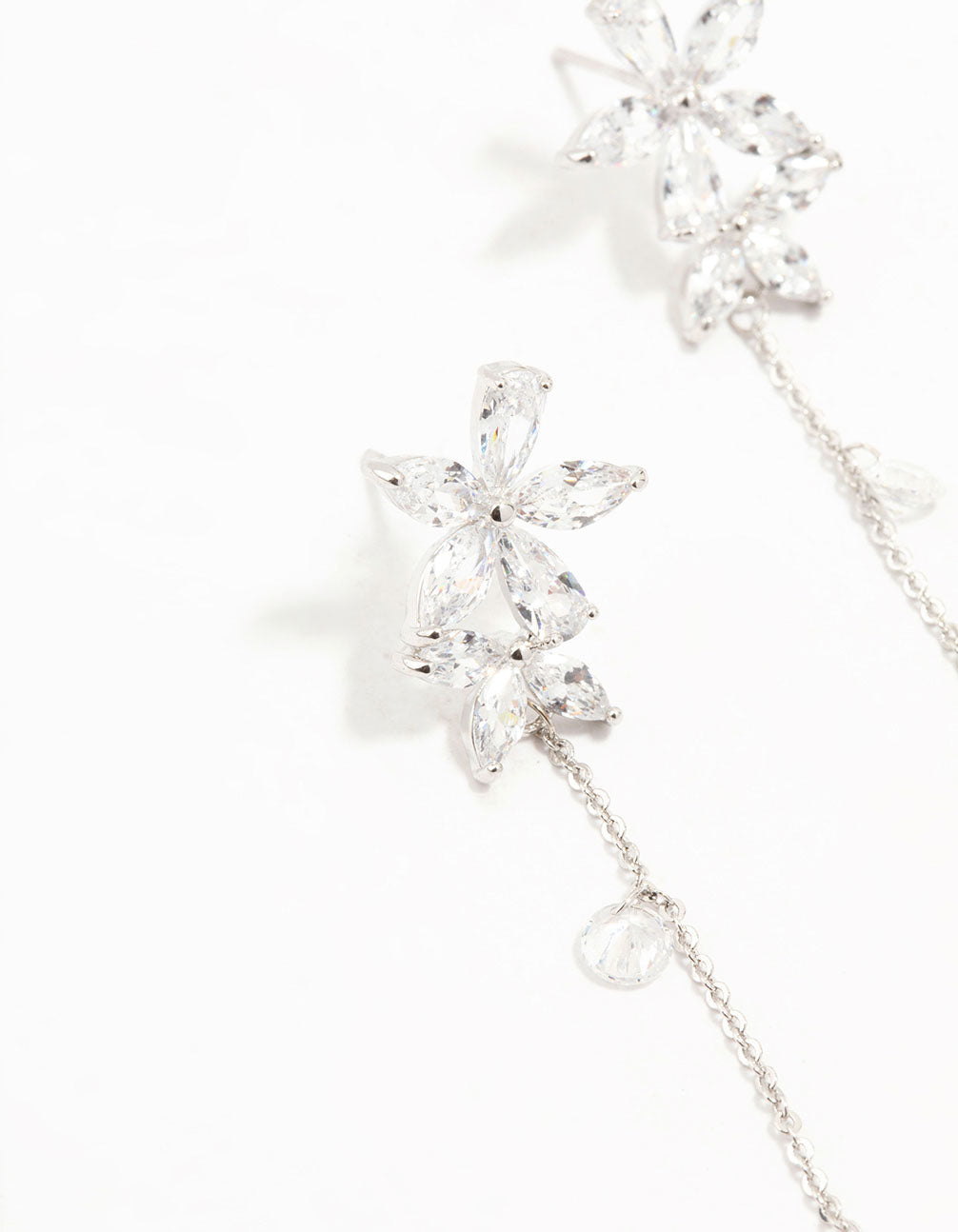 Silver Cubic Zirconia Flower Dangle Drop Earrings