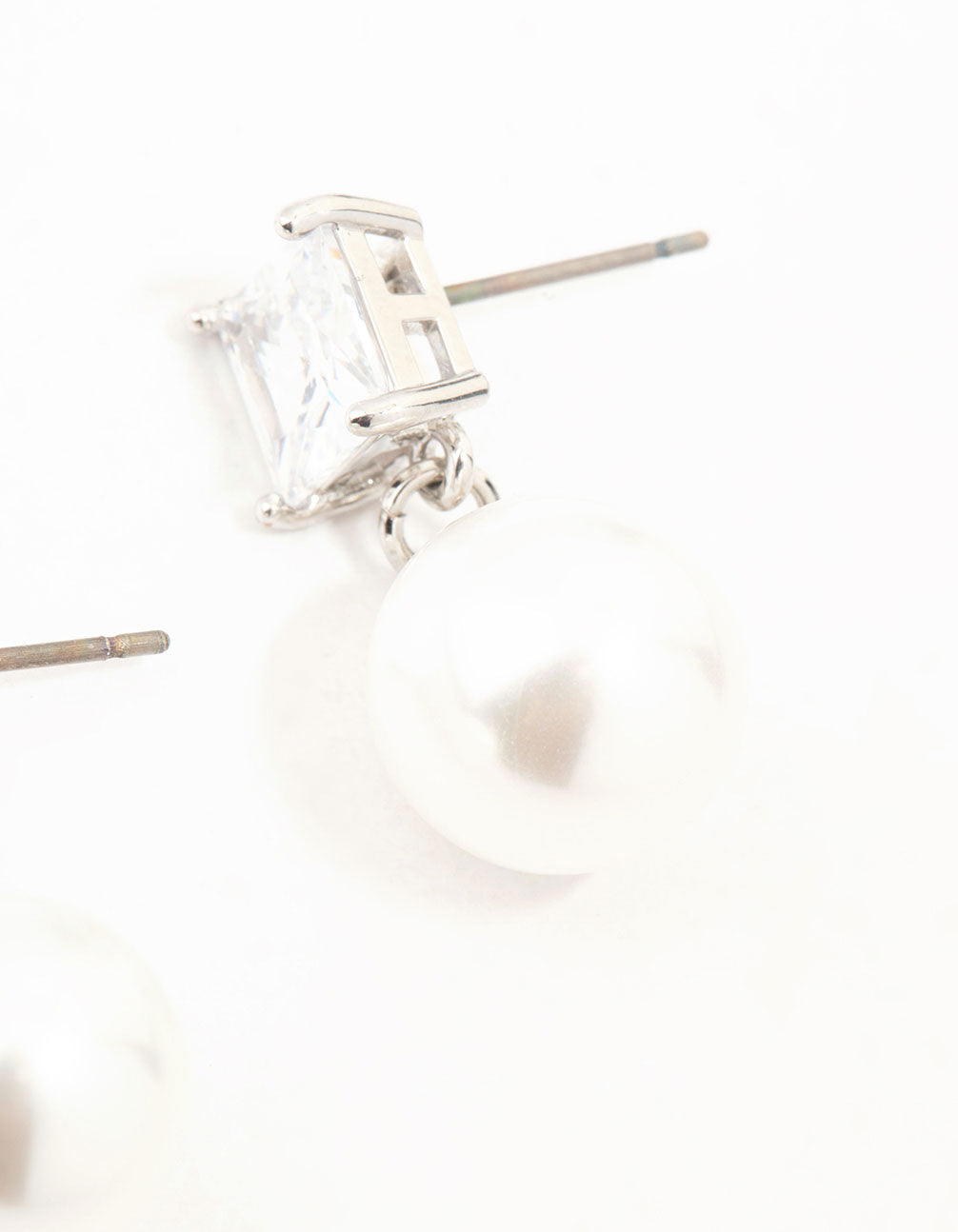 Silver Square Cubic Zirconia & Pearl Drop Earrings