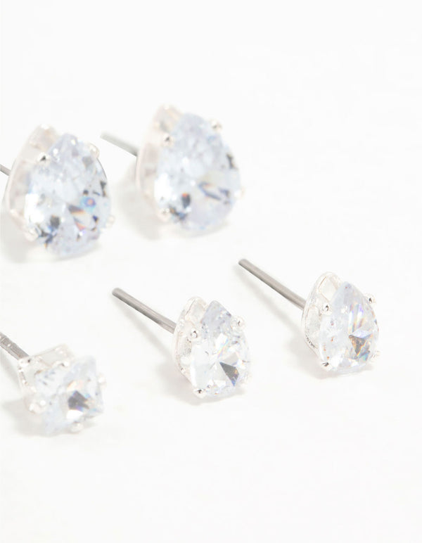 Silver Mixed Cubic Zirconia Stud Earrings 6-Pack