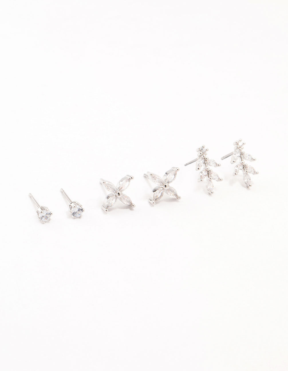 Silver Cubic Zirconia Flower Stud Earrings 3-Pack