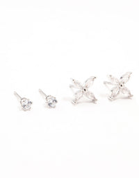 Silver Cubic Zirconia Flower Stud Earrings 3-Pack - link has visual effect only