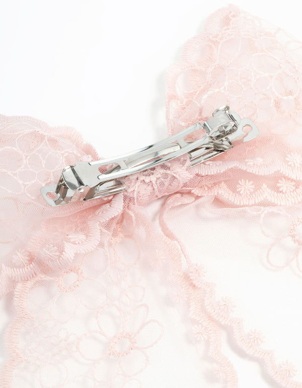 Long Pink Lace Fabric Flower Bow Clip