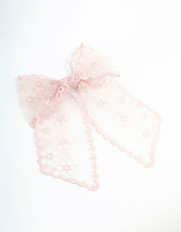 Long Pink Lace Fabric Flower Bow Clip