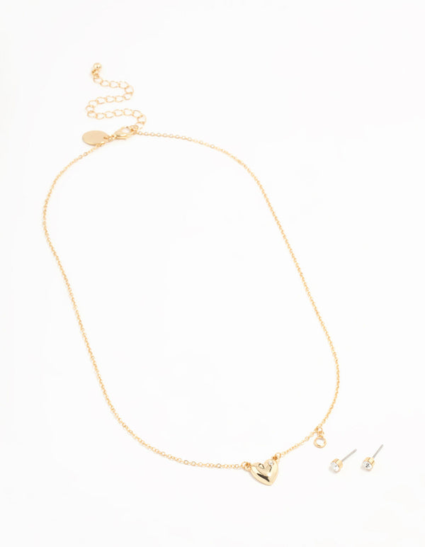 Gold Heart Diamante Detail Necklace & Stud Earrings Set